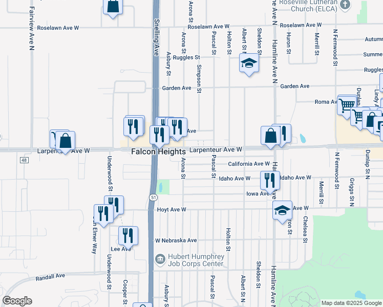 map of restaurants, bars, coffee shops, grocery stores, and more near 1497 California Avenue West in Falcon Heights