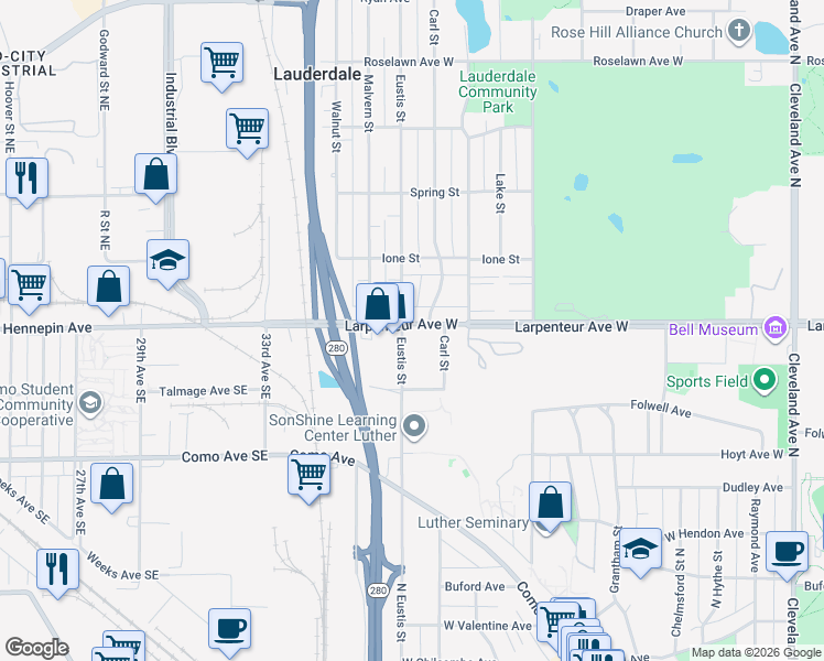 map of restaurants, bars, coffee shops, grocery stores, and more near in Lauderdale