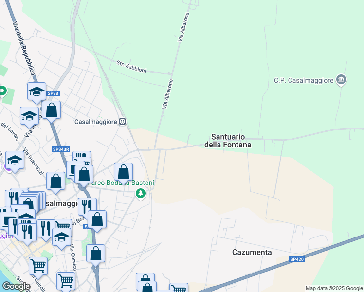map of restaurants, bars, coffee shops, grocery stores, and more near 7 Viale del Santuario in Casalmaggiore