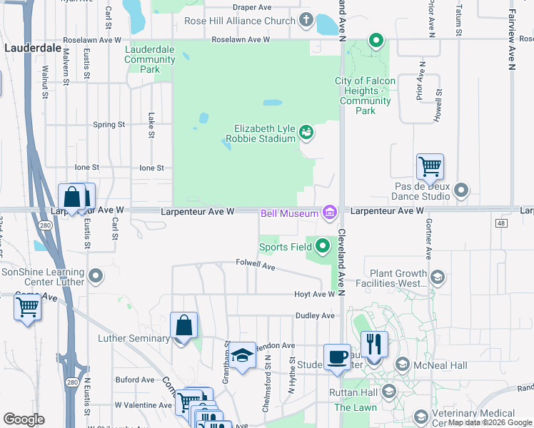 map of restaurants, bars, coffee shops, grocery stores, and more near 1666 Coffman Street in Falcon Heights