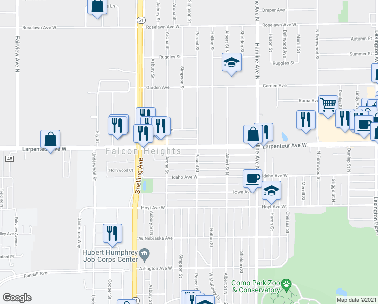 map of restaurants, bars, coffee shops, grocery stores, and more near 1472 Larpenteur Avenue West in Falcon Heights
