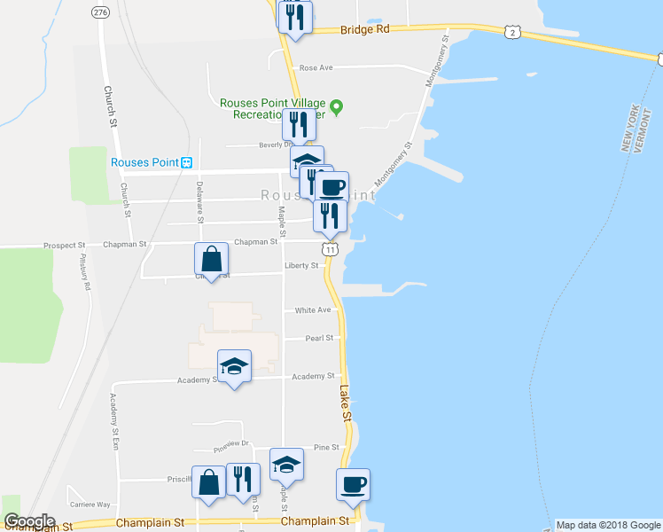 map of restaurants, bars, coffee shops, grocery stores, and more near 139 Lake Street in Rouses Point