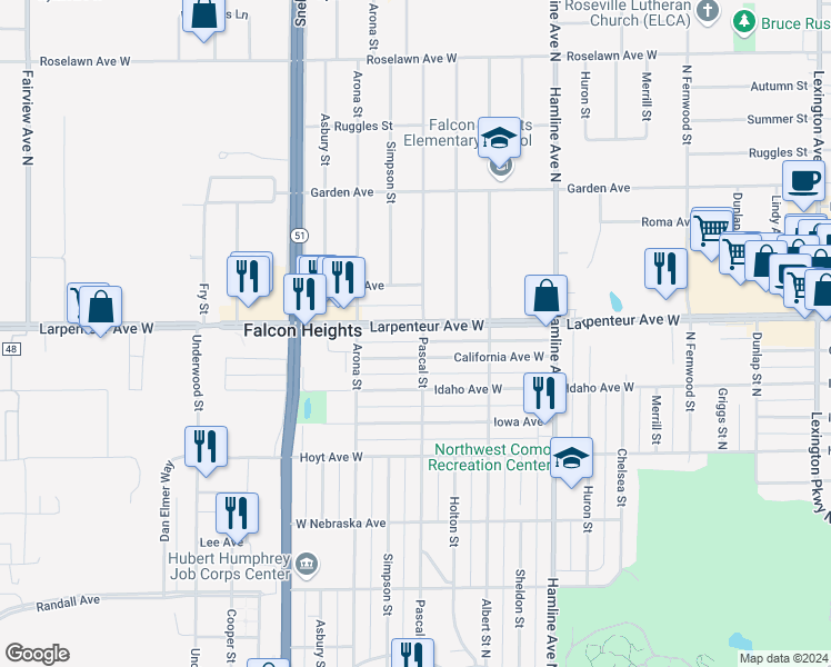 map of restaurants, bars, coffee shops, grocery stores, and more near 1466 Larpenteur Avenue West in Falcon Heights