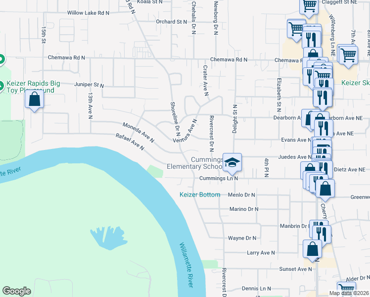 map of restaurants, bars, coffee shops, grocery stores, and more near 4660 Shoreline Drive North in Keizer