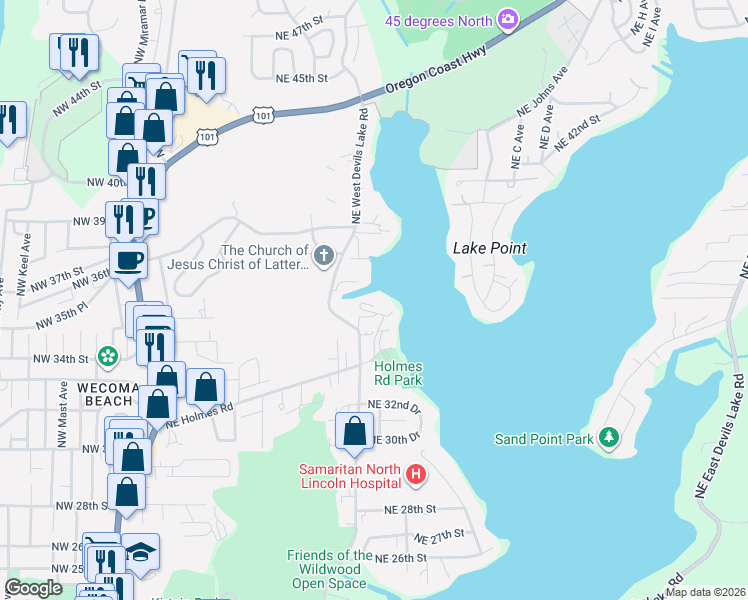 map of restaurants, bars, coffee shops, grocery stores, and more near 21 Northeast Yacht Avenue in Lincoln City
