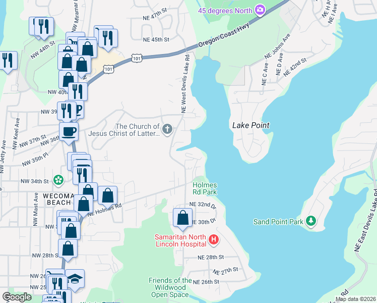 map of restaurants, bars, coffee shops, grocery stores, and more near 3500 Northeast West Devils Lake Road in Lincoln City