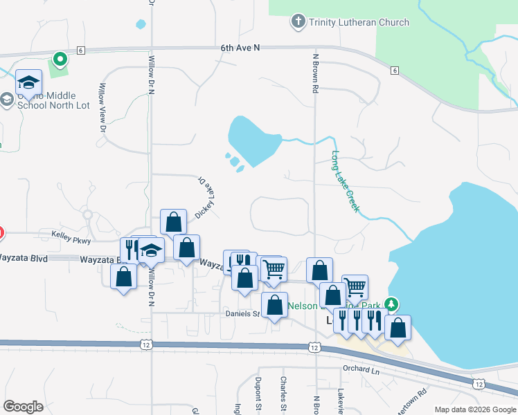map of restaurants, bars, coffee shops, grocery stores, and more near 2101 Sugarwood Drive in Long Lake