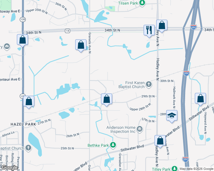 map of restaurants, bars, coffee shops, grocery stores, and more near 2948 Granada Lane North in Saint Paul