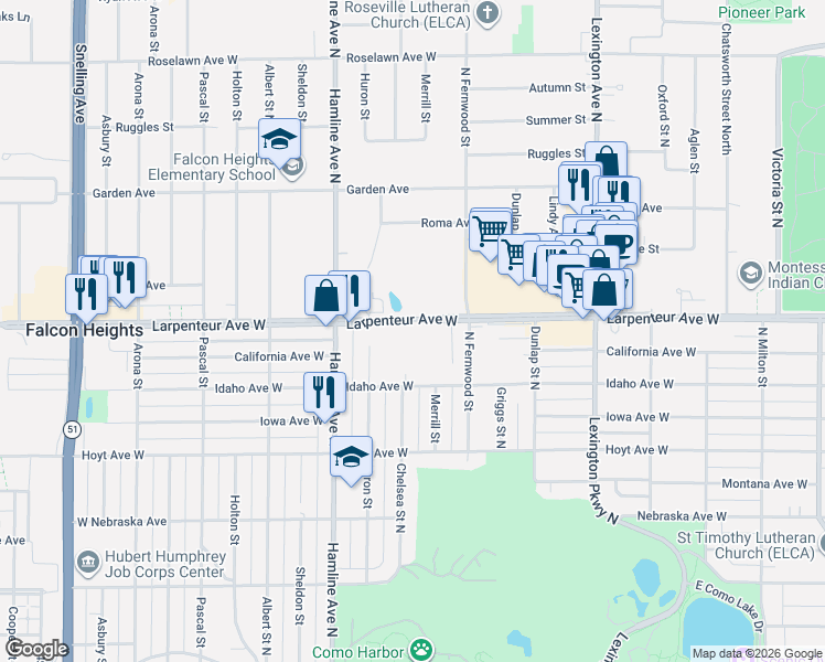map of restaurants, bars, coffee shops, grocery stores, and more near 1260 Larpenteur Avenue West in Saint Paul