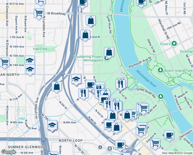 map of restaurants, bars, coffee shops, grocery stores, and more near 909 North 2nd Street in Minneapolis