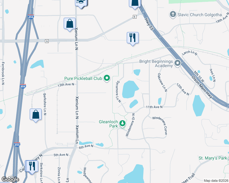 map of restaurants, bars, coffee shops, grocery stores, and more near 1220 Sycamore Lane North in Plymouth