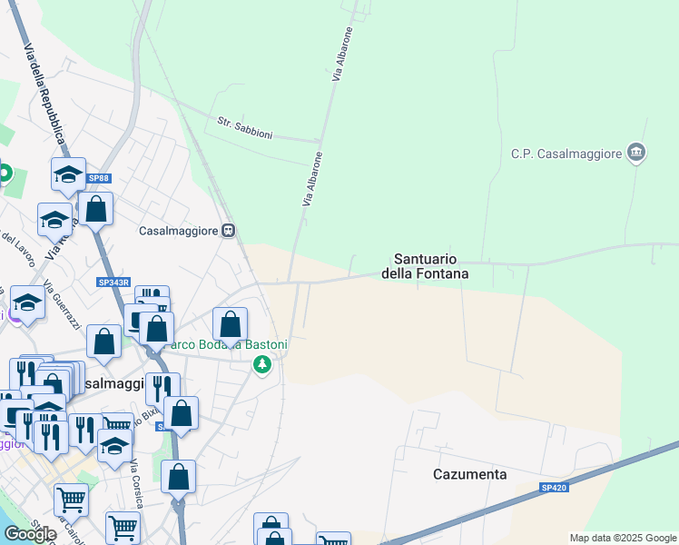map of restaurants, bars, coffee shops, grocery stores, and more near 7 Viale del Santuario in Casalmaggiore