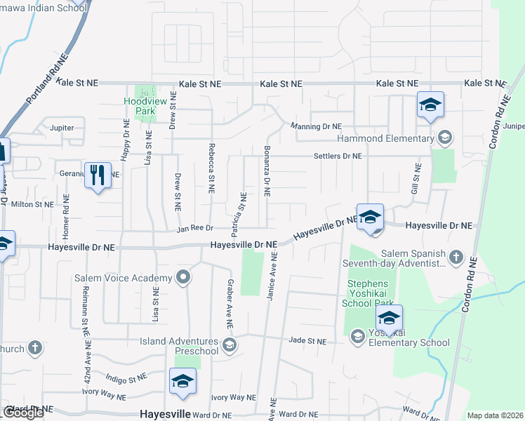 map of restaurants, bars, coffee shops, grocery stores, and more near 4739 Bonanza Drive Northeast in Salem