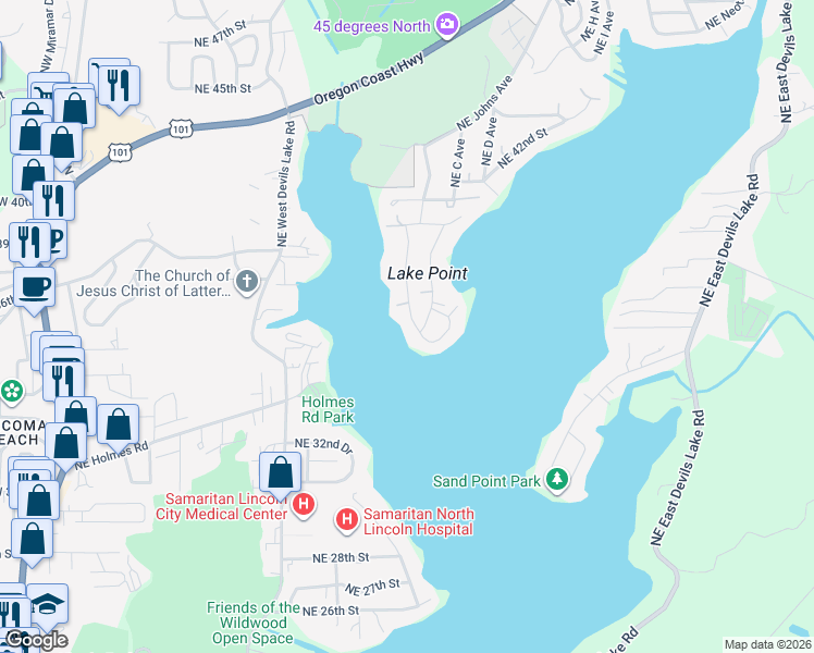map of restaurants, bars, coffee shops, grocery stores, and more near 3361 Northeast 34th Loop in Neotsu