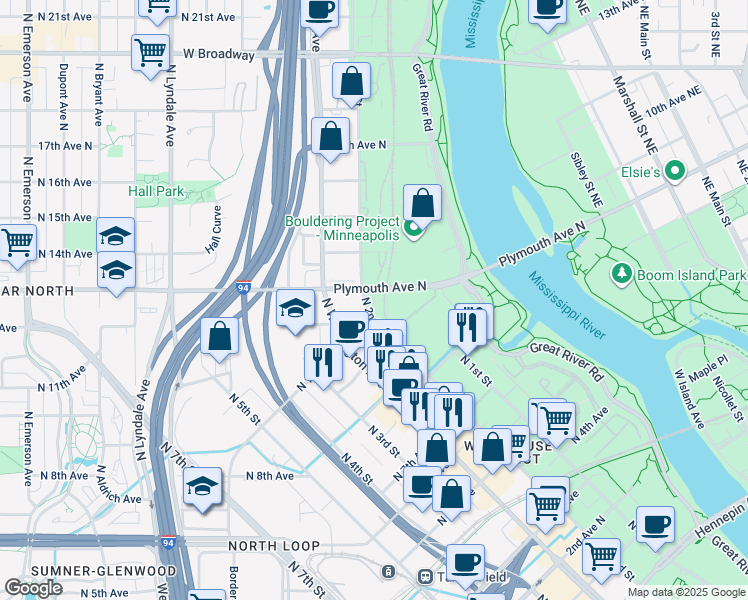 map of restaurants, bars, coffee shops, grocery stores, and more near 909 North 2nd Street in Minneapolis