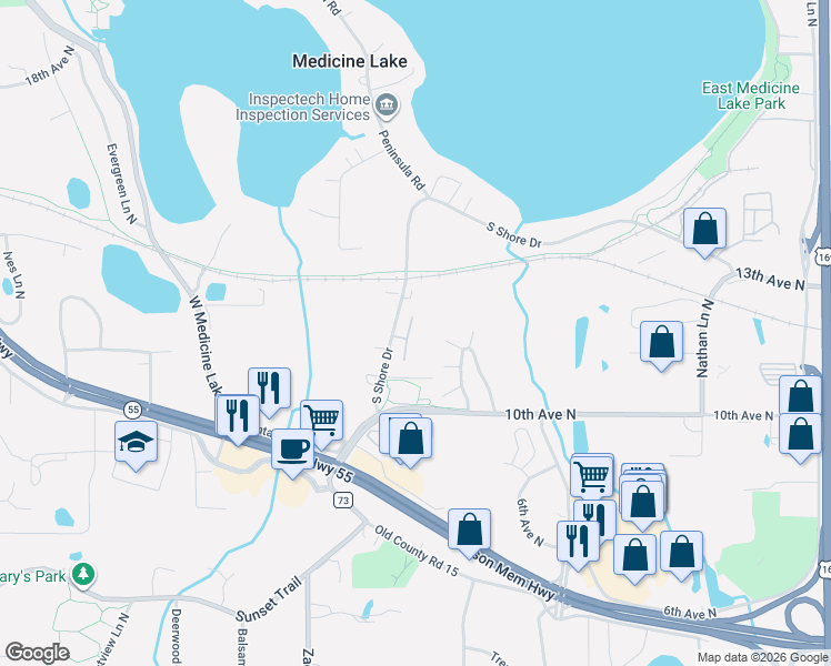 map of restaurants, bars, coffee shops, grocery stores, and more near 10849 South Shore Drive in Minneapolis