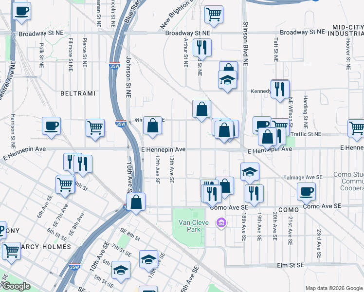 map of restaurants, bars, coffee shops, grocery stores, and more near 1319 East Hennepin Avenue in Minneapolis