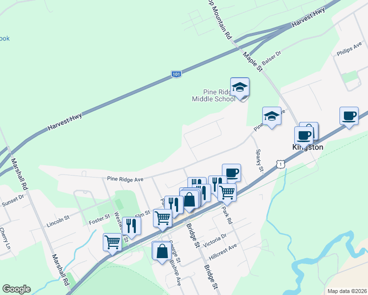 map of restaurants, bars, coffee shops, grocery stores, and more near 507 Pine Ridge Avenue in Kingston