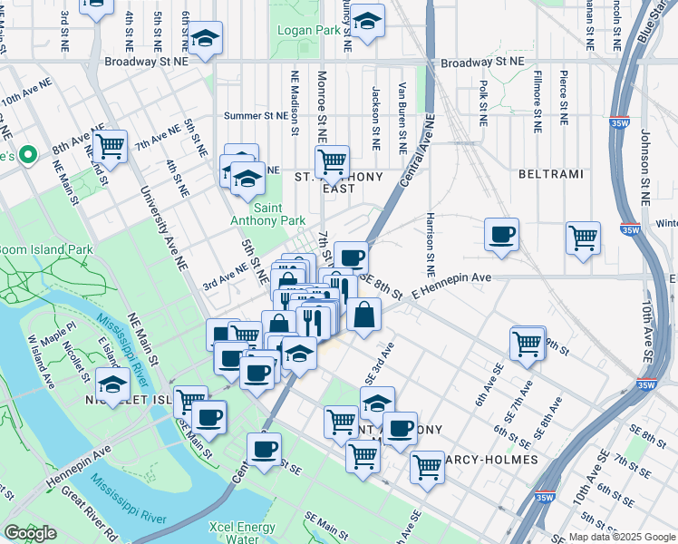 map of restaurants, bars, coffee shops, grocery stores, and more near in Minneapolis