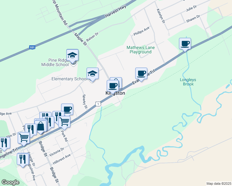 map of restaurants, bars, coffee shops, grocery stores, and more near 1580 Maple Street in Kingston