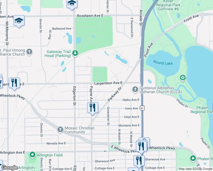 map of restaurants, bars, coffee shops, grocery stores, and more near 673 California Avenue East in Saint Paul