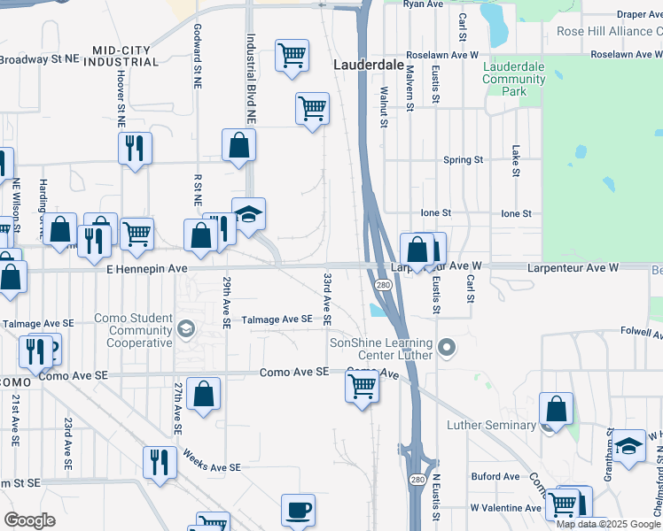 map of restaurants, bars, coffee shops, grocery stores, and more near 1070 33rd Avenue Southeast in Minneapolis