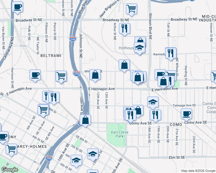 map of restaurants, bars, coffee shops, grocery stores, and more near 1105 14th Avenue Southeast in Minneapolis