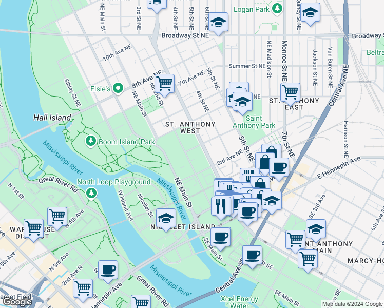 map of restaurants, bars, coffee shops, grocery stores, and more near 213 3rd Avenue Northeast in Minneapolis