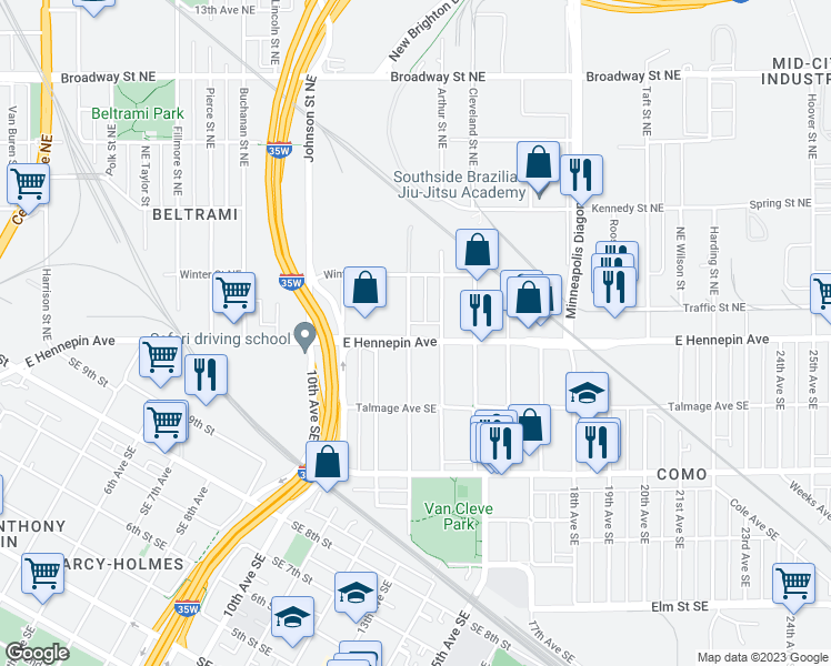 map of restaurants, bars, coffee shops, grocery stores, and more near 1105 14th Avenue Southeast in Minneapolis