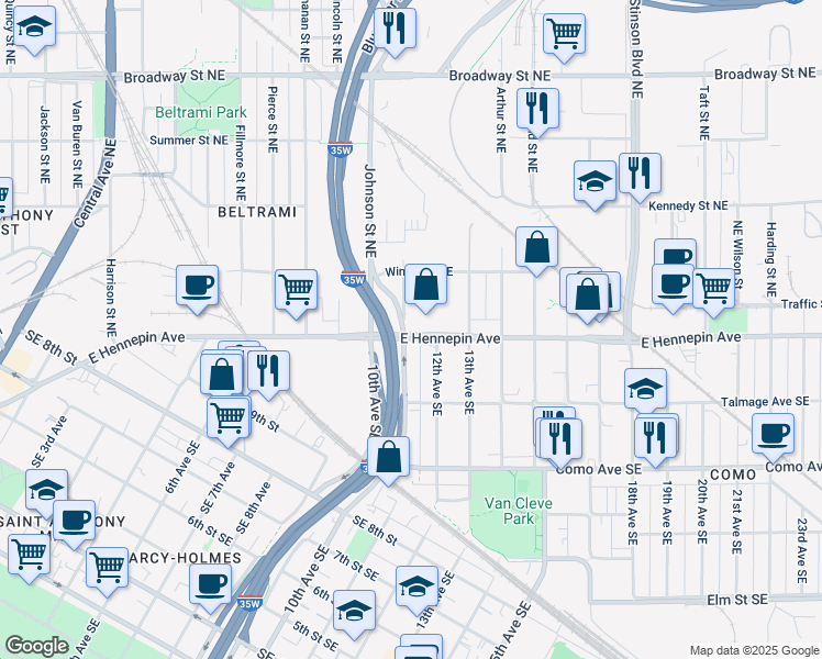 map of restaurants, bars, coffee shops, grocery stores, and more near 309 Ulysses Street Northeast in Minneapolis