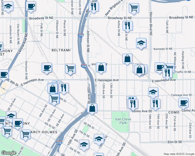 map of restaurants, bars, coffee shops, grocery stores, and more near 1106 11th Avenue Southeast in Minneapolis