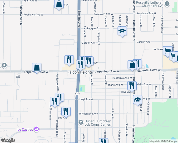 map of restaurants, bars, coffee shops, grocery stores, and more near 1669 Arona Street in Falcon Heights