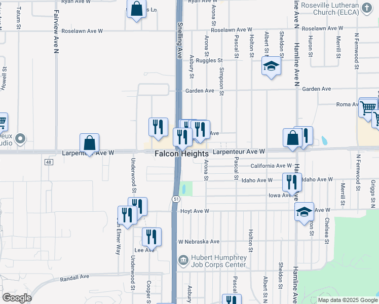 map of restaurants, bars, coffee shops, grocery stores, and more near 1669 Arona Street in Falcon Heights