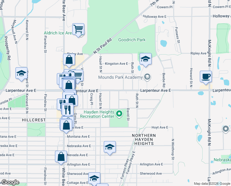 map of restaurants, bars, coffee shops, grocery stores, and more near 1647 Luella Street North in Saint Paul