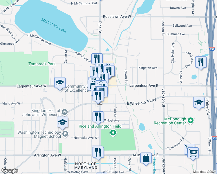 map of restaurants, bars, coffee shops, grocery stores, and more near 112 Larpenteur Ave W in St Paul