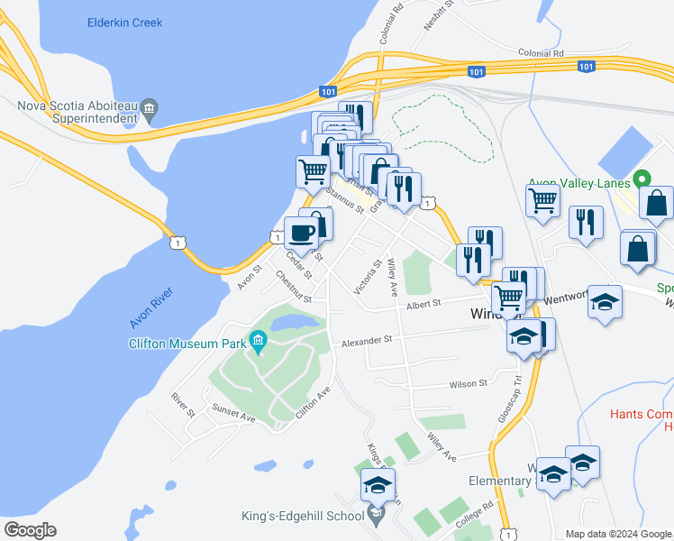 map of restaurants, bars, coffee shops, grocery stores, and more near 153 Albert Street in Windsor
