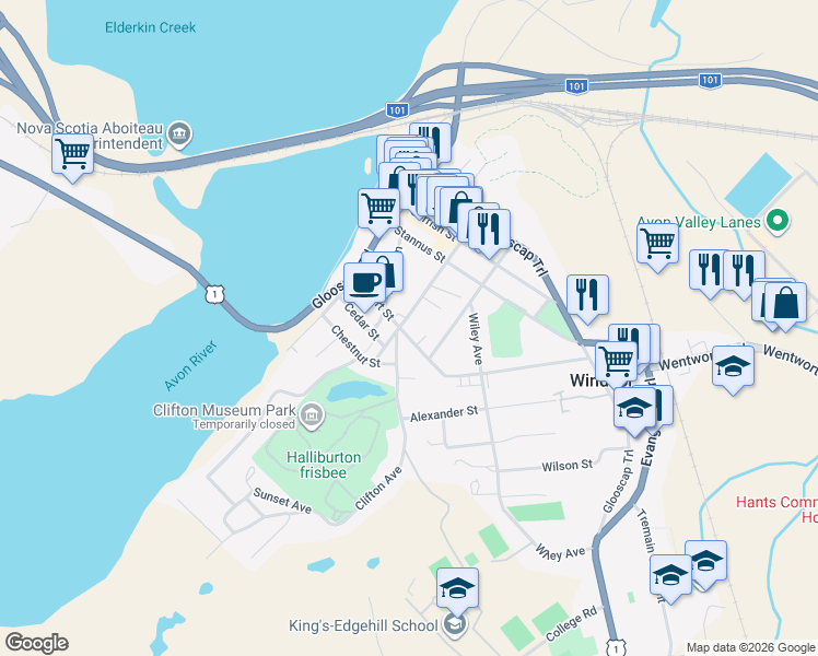 map of restaurants, bars, coffee shops, grocery stores, and more near 153 Albert Street in Windsor