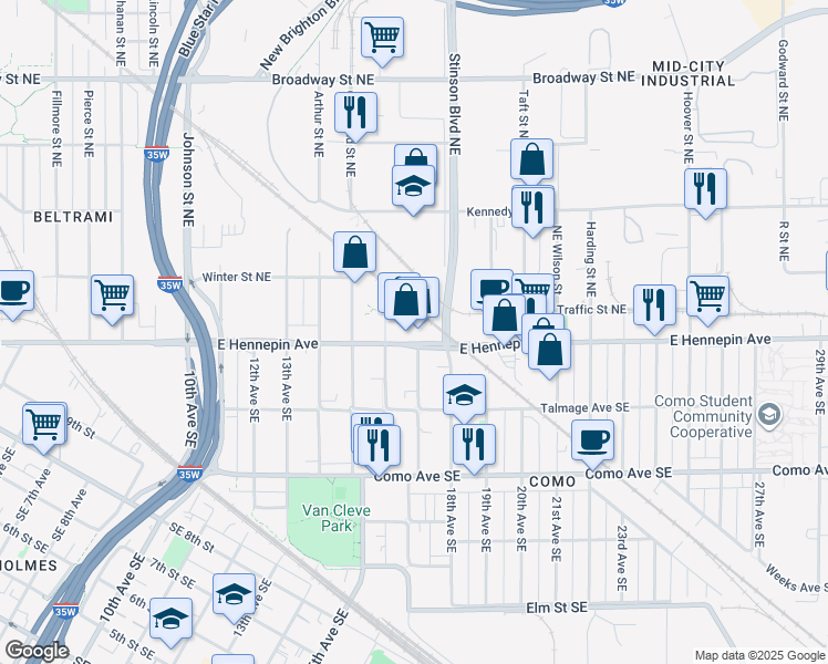 map of restaurants, bars, coffee shops, grocery stores, and more near 332 Northeast Stinson Boulevard in Minneapolis