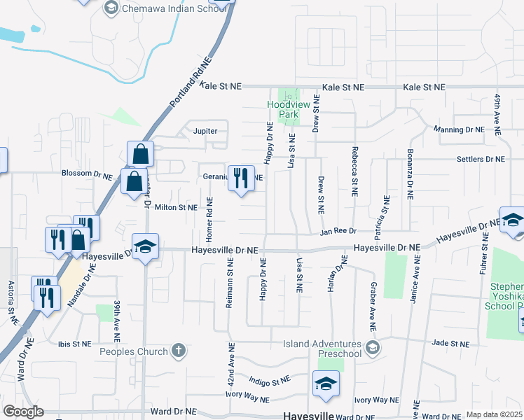 map of restaurants, bars, coffee shops, grocery stores, and more near 4290 Strawberry Court Northeast in Salem