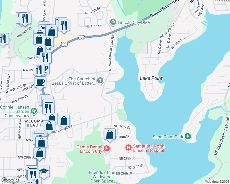 map of restaurants, bars, coffee shops, grocery stores, and more near NE Lake Dr in Lincoln City
