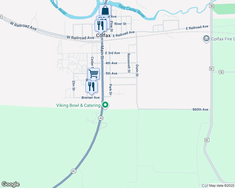 map of restaurants, bars, coffee shops, grocery stores, and more near 504 Big Bluestem Lane in Colfax