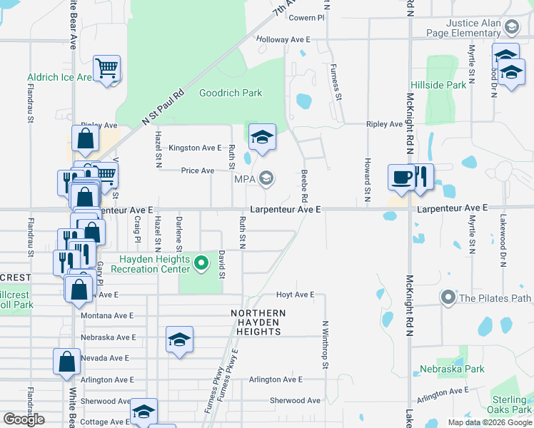 map of restaurants, bars, coffee shops, grocery stores, and more near in Maplewood