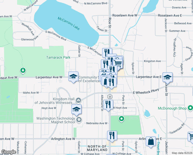 map of restaurants, bars, coffee shops, grocery stores, and more near 195 Larpenteur Avenue West in Roseville
