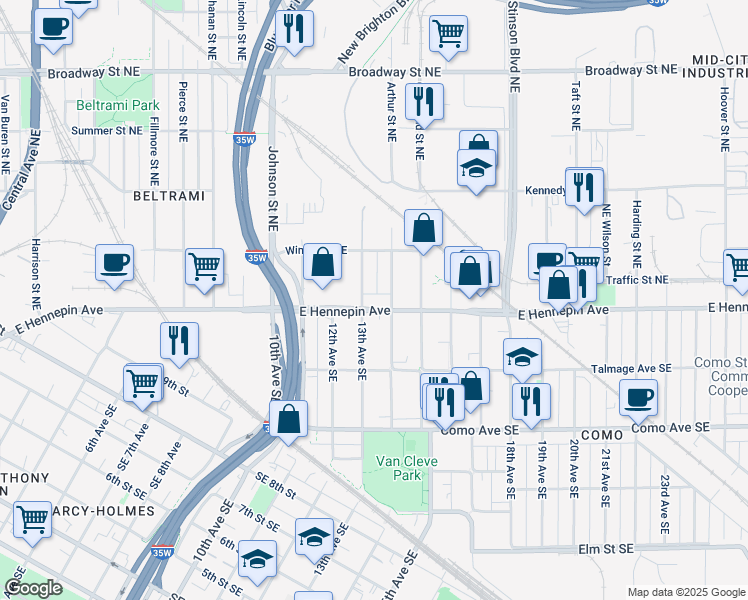 map of restaurants, bars, coffee shops, grocery stores, and more near 1153 14th Avenue Southeast in Minneapolis
