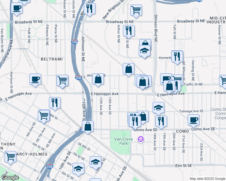 map of restaurants, bars, coffee shops, grocery stores, and more near 1153 14th Avenue Southeast in Minneapolis