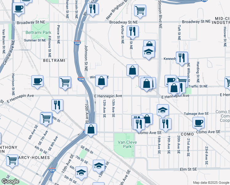 map of restaurants, bars, coffee shops, grocery stores, and more near 1153 14th Avenue Southeast in Minneapolis