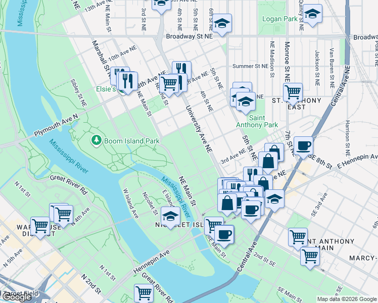 map of restaurants, bars, coffee shops, grocery stores, and more near 419 Northeast 2nd Street in Minneapolis