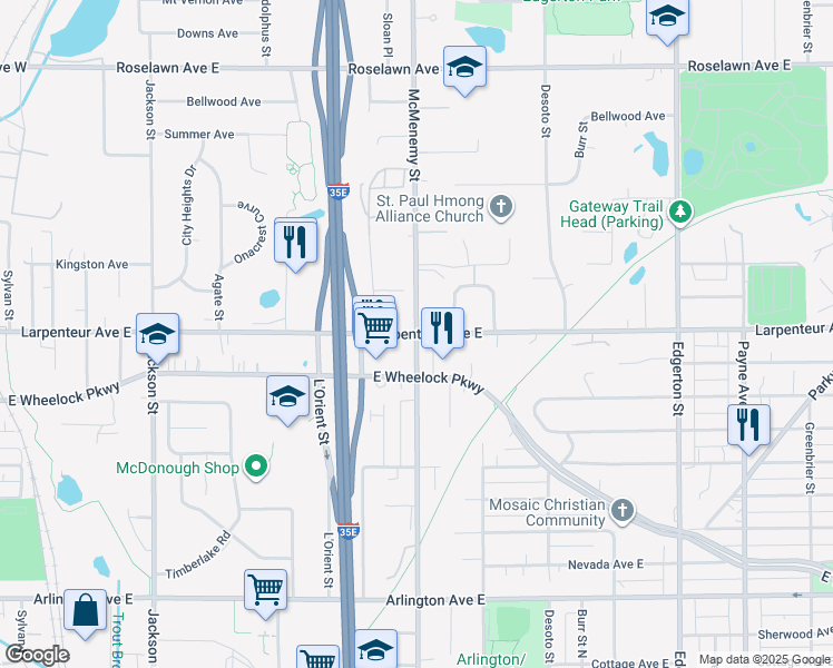 map of restaurants, bars, coffee shops, grocery stores, and more near 1830 Westminster Street in Saint Paul