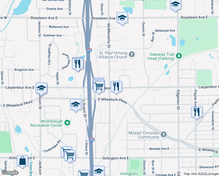 map of restaurants, bars, coffee shops, grocery stores, and more near Larpenteur Avenue East in Maplewood