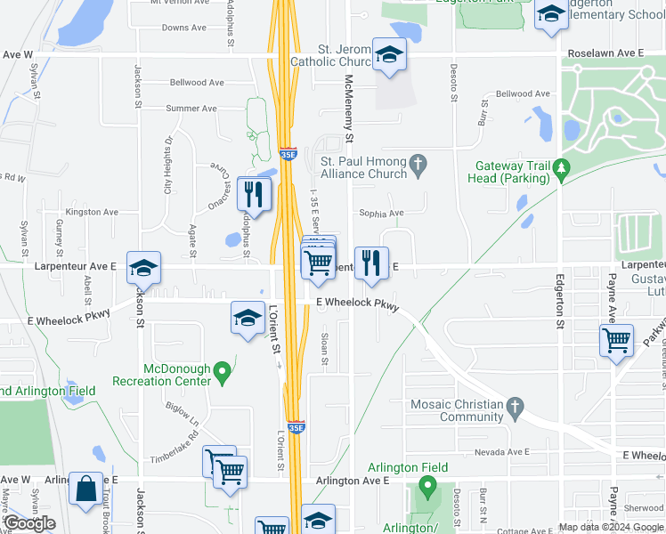 map of restaurants, bars, coffee shops, grocery stores, and more near 316 Larpenteur Avenue East in Maplewood